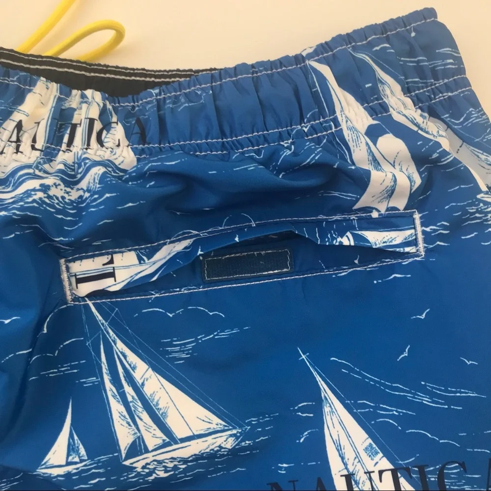 Nautica Vintage Sailboat Print Quick Dry Lined Swim Shorts Blue White Sz XXL NWT